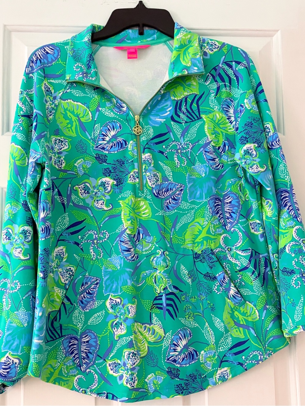 Lilly Pulitzer Tropical Teal 1/4 Zip Pullover with Leaf Print
